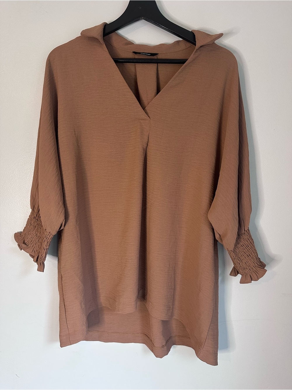Fall Camel Neutral high low Tunic Blouse with Collar Large